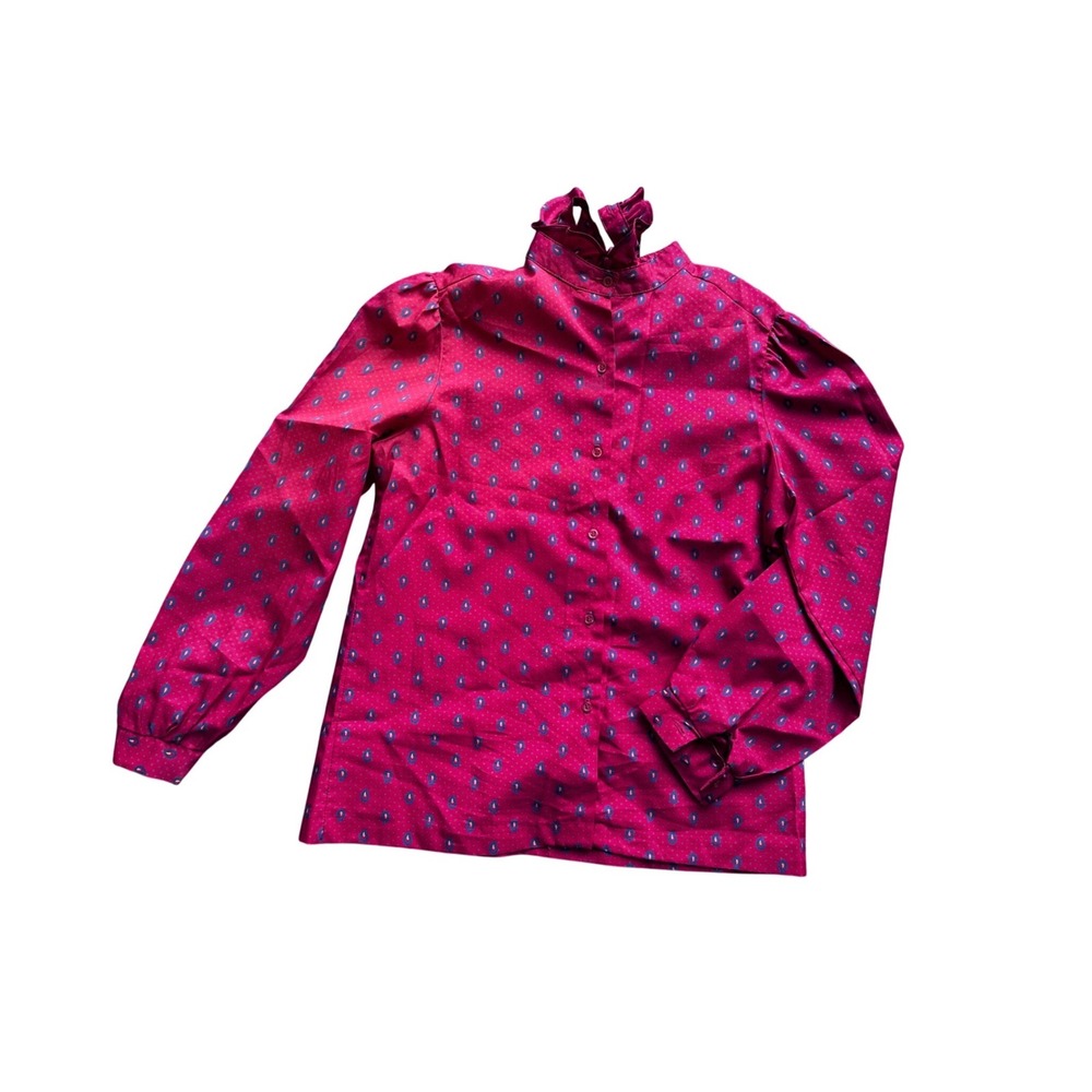 Vintage Ship'n Shore Pink Paisley‎ Polka Dot Ruffle Neck Blouse Top Size 10